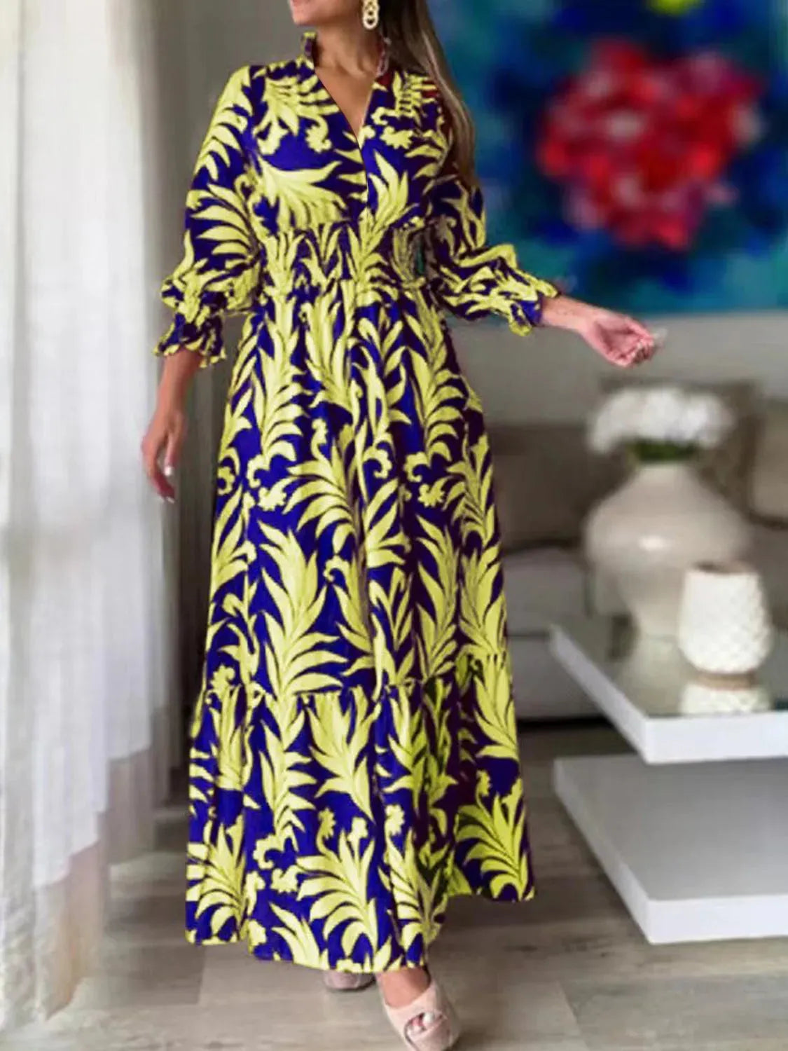 Printed Flounce Sleeve Maxi Dress Canary Yellow Casual Dresses - Tophatter Daily Deals